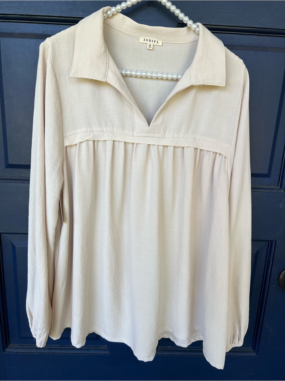 JODIFL Cream Collared V-Neck Long-Sleeve Tunic Top